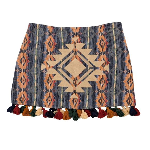 JUDITH MARCH Tassel Skirt L Aztec Southwestern Thick Cotton Multi-Colored - Picture 2 of 8